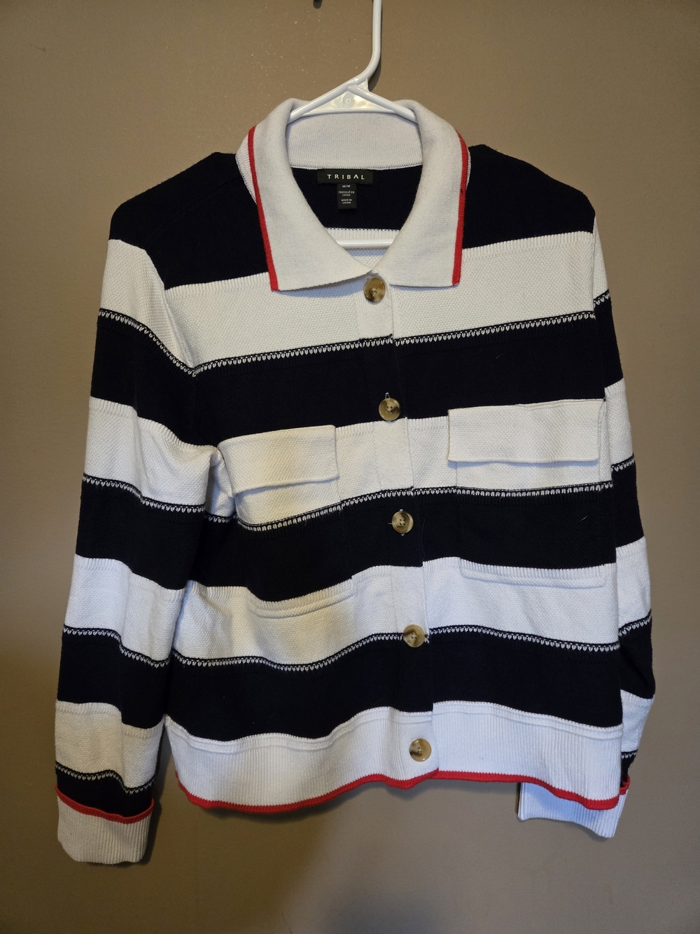 Tribal Striped Knit Collared Cardigan Sweater Navy White Red Size Medium